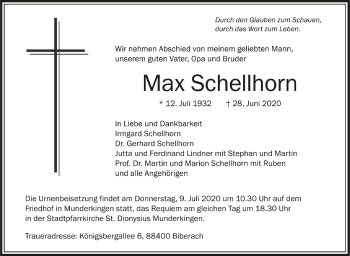 Anzeige von Max Schellhorn von Schwäbische Zeitung