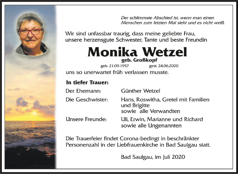  Traueranzeige für Monika Wetzel vom 14.07.2020 aus Schwäbische Zeitung