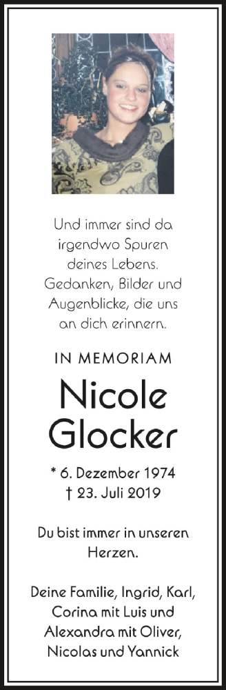  Traueranzeige für Nicole Glocker vom 23.07.2020 aus Schwäbische Zeitung
