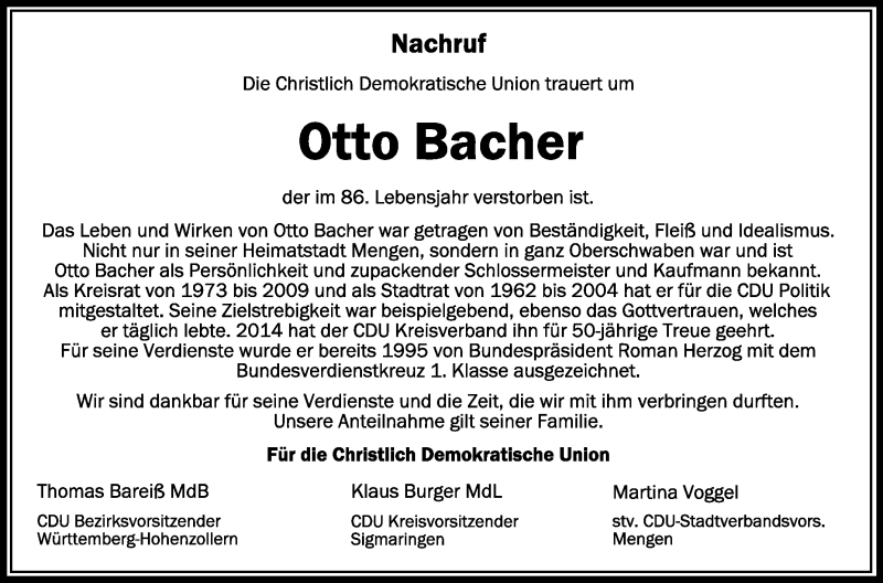 Traueranzeige für Otto Bacher vom 11.07.2020 aus Schwäbische Zeitung