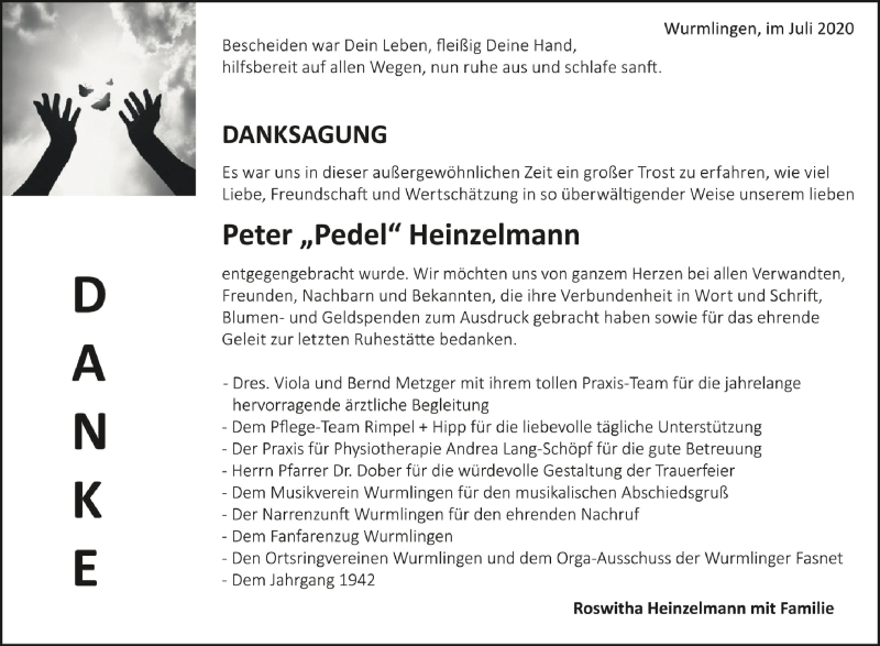  Traueranzeige für Peter Heinzelmann vom 18.07.2020 aus Schwäbische Zeitung