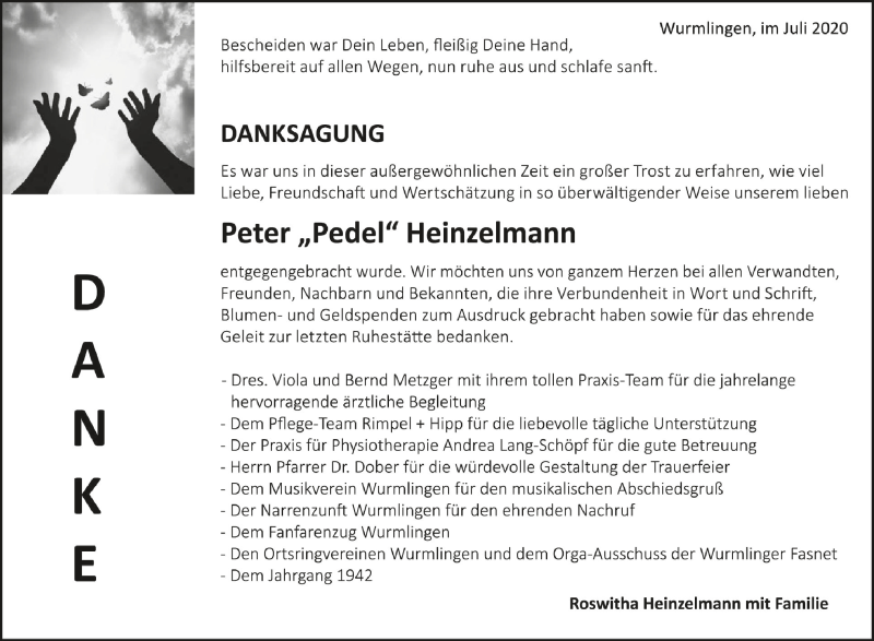  Traueranzeige für Peter Heinzelmann vom 11.07.2020 aus Schwäbische Zeitung