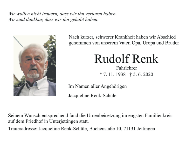  Traueranzeige für Rudolf Renk vom 04.07.2020 aus Schwäbische Zeitung