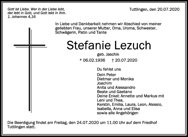  Traueranzeige für Stefanie Lezuch vom 23.07.2020 aus Schwäbische Zeitung