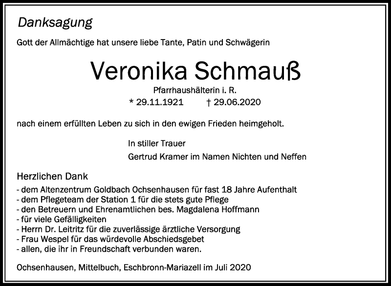 Traueranzeige von Veronika Schmauß | schwaebische.de ...