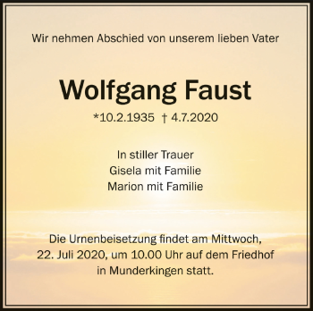 Anzeige von Wolfgang Faust von Schwäbische Zeitung