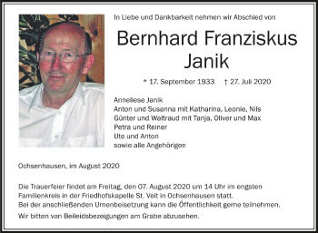 Anzeige von Bernhard Franziskus Janik von Schwäbische Zeitung