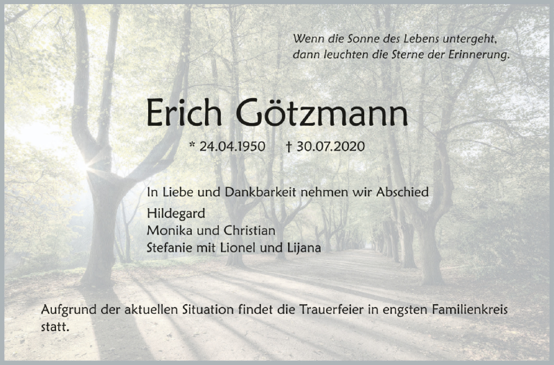  Traueranzeige für Erich Götzmann vom 03.08.2020 aus Schwäbische Zeitung