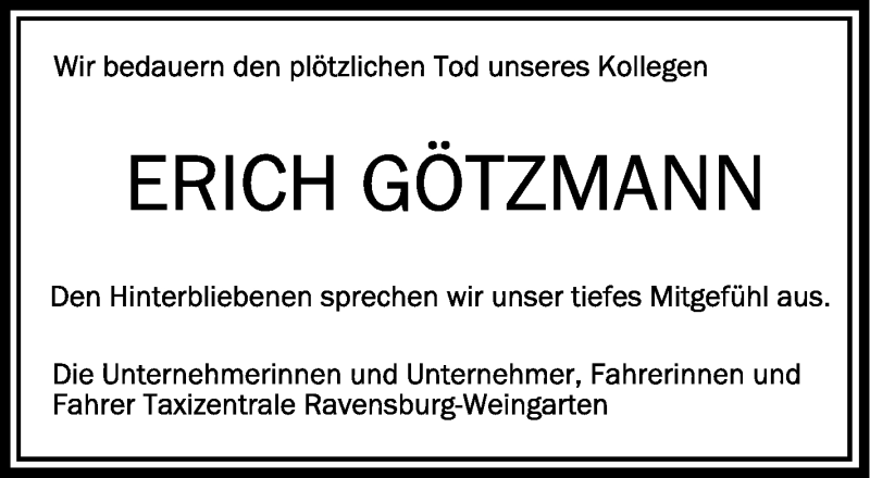  Traueranzeige für Erich Götzmann vom 05.08.2020 aus Schwäbische Zeitung