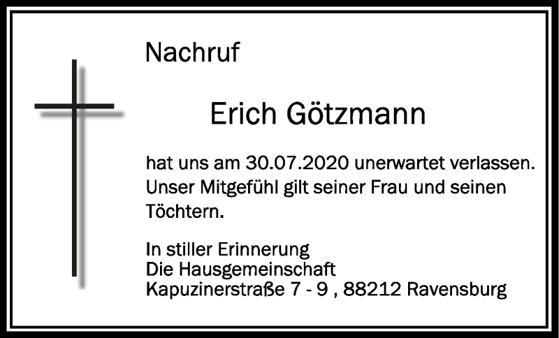  Traueranzeige für Erich Götzmann vom 06.08.2020 aus Schwäbische Zeitung