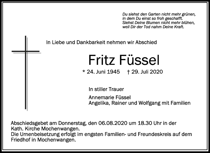  Traueranzeige für Fritz Füssel vom 01.08.2020 aus Schwäbische Zeitung