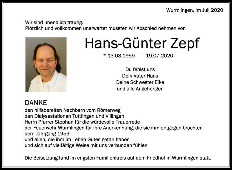  Traueranzeige für Hans-Günter Zepf vom 01.08.2020 aus Schwäbische Zeitung