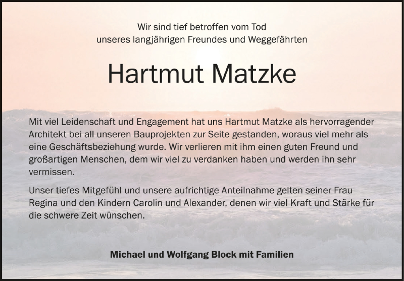  Traueranzeige für Hartmut Matzke vom 01.08.2020 aus Schwäbische Zeitung
