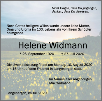 Anzeige von Helene Widmann von Schwäbische Zeitung