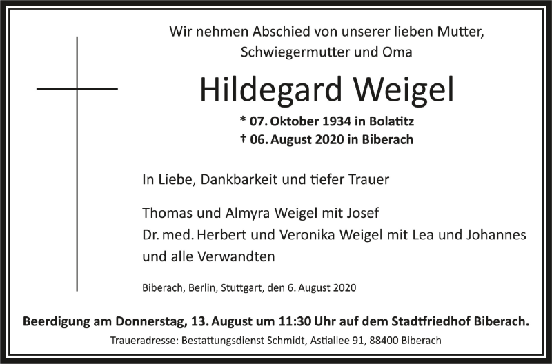 Traueranzeigen Von Hildegard Weigel 