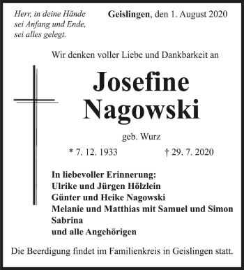 Anzeige von Josefine Nagowski von Schwäbische Zeitung