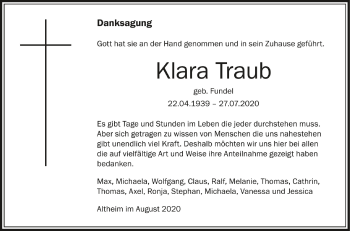Anzeige von Klara Traub von Schwäbische Zeitung