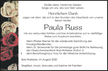 Anzeige von Paula Russ von Schwäbische Zeitung