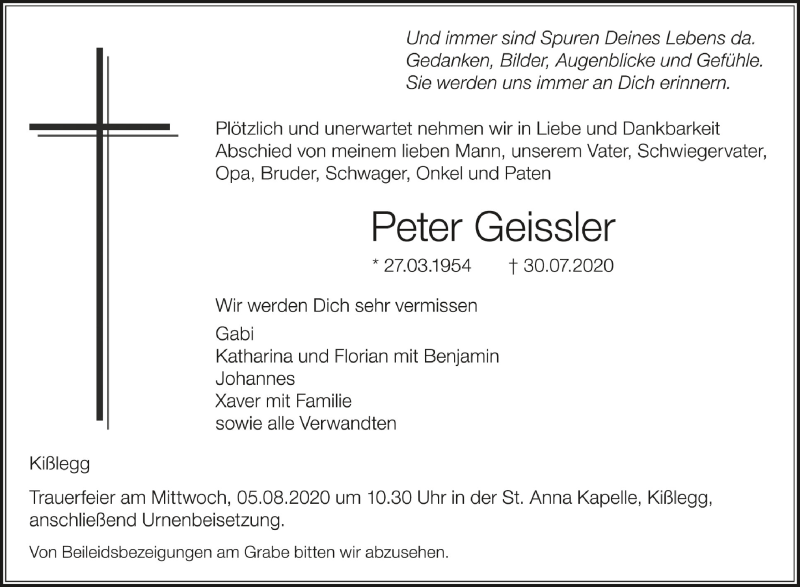  Traueranzeige für Peter Geissler vom 03.08.2020 aus Schwäbische Zeitung