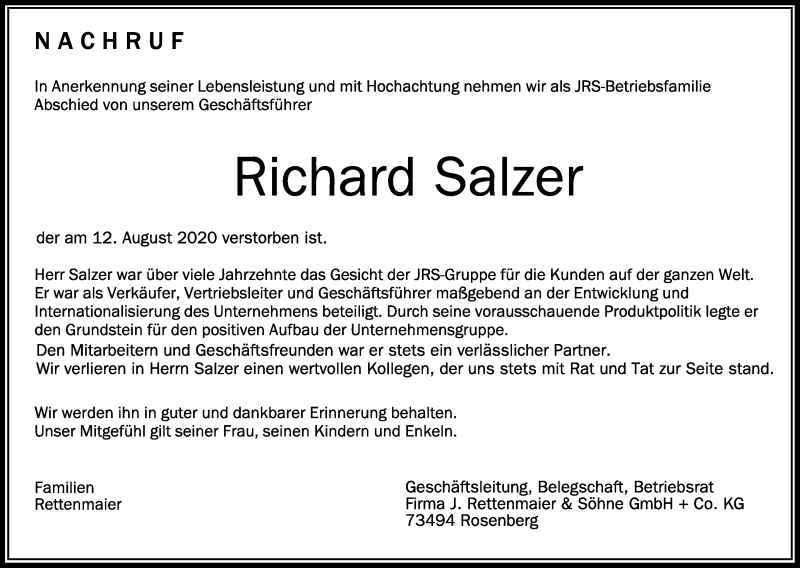  Traueranzeige für Richard Salzer vom 15.08.2020 aus Schwäbische Zeitung
