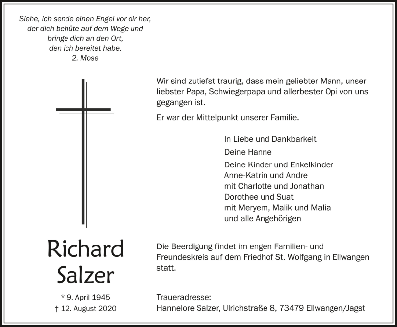  Traueranzeige für Richard Salzer vom 15.08.2020 aus Schwäbische Zeitung