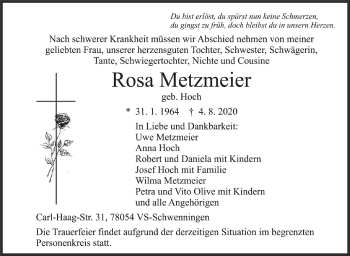 Anzeige von Rosa Metzmeier von Schwäbische Zeitung