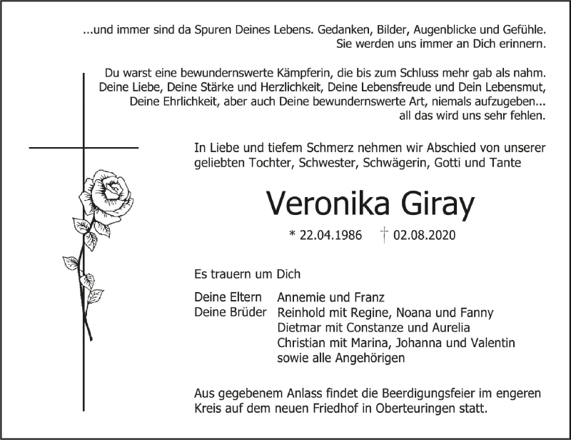  Traueranzeige für Veronika Giray vom 04.08.2020 aus Schwäbische Zeitung
