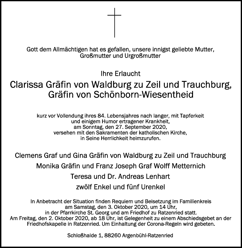  Traueranzeige für Clarissa Gräfin von Waldburg zu Zeil und Trauchburg, Gräfin von Schönborn-Wiesentheid vom 29.09.2020 aus Schwäbische Zeitung