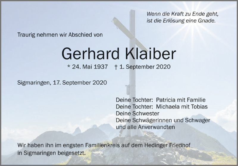  Traueranzeige für Gerhard Klaiber vom 17.09.2020 aus Schwäbische Zeitung