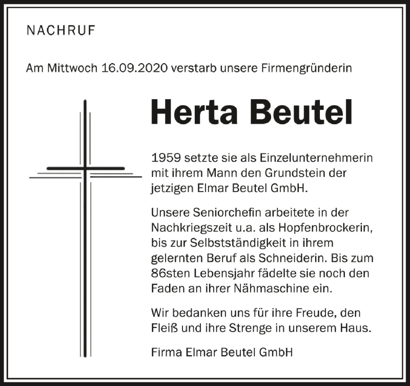  Traueranzeige für Herta Beutel vom 21.09.2020 aus Schwäbische Zeitung