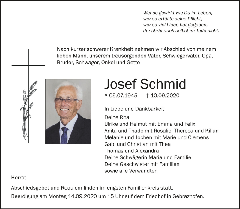Traueranzeigen von Josef Schmid | schwaebische.de Trauerportal
