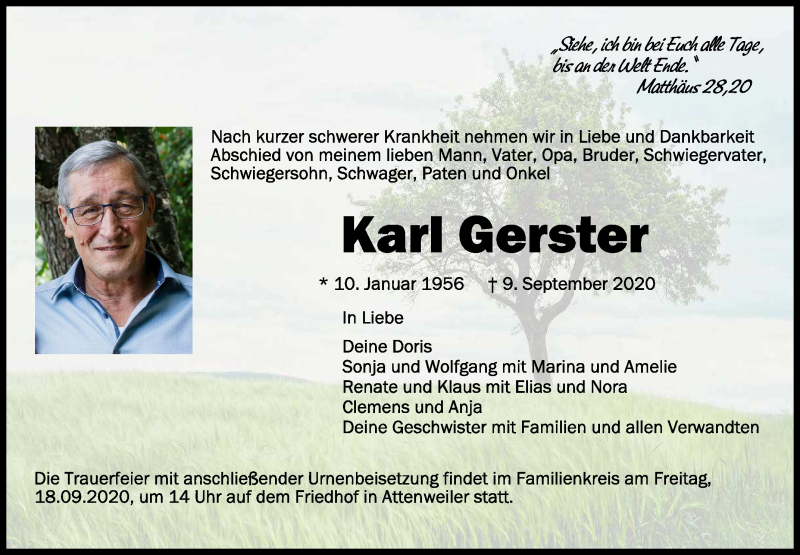  Traueranzeige für Karl Gerster vom 16.09.2020 aus Schwäbische Zeitung