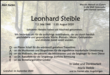 Anzeige von Leonhard Steible von Schwäbische Zeitung