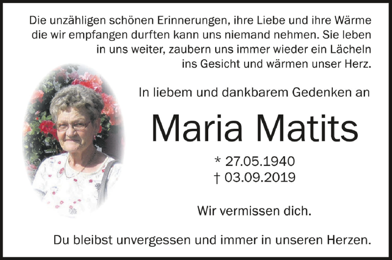  Traueranzeige für Maria Matits vom 03.09.2020 aus Schwäbische Zeitung