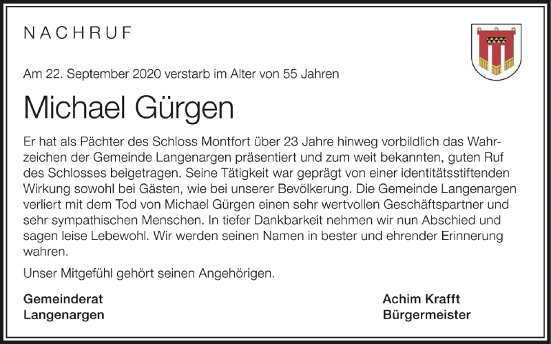  Traueranzeige für Michael Gürgen vom 28.09.2020 aus Schwäbische Zeitung