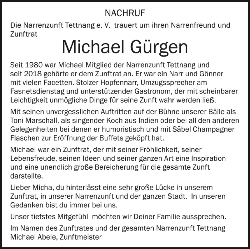 Traueranzeige für Michael Gürgen vom 29.09.2020 aus Schwäbische Zeitung