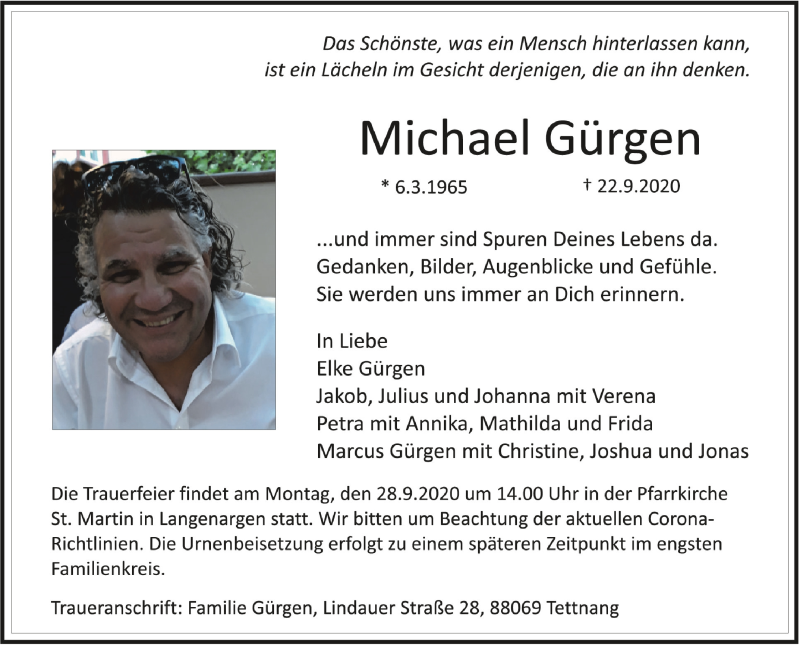  Traueranzeige für Michael Gürgen vom 25.09.2020 aus Schwäbische Zeitung