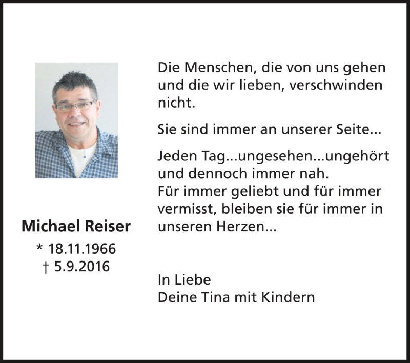  Traueranzeige für Michael Reiser vom 05.09.2020 aus Schwäbische Zeitung