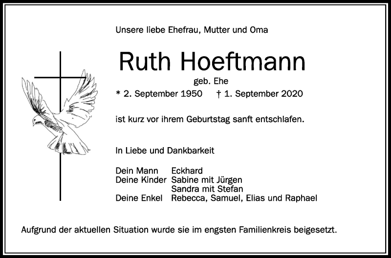  Traueranzeige für Ruth Hoeftmann vom 05.09.2020 aus Schwäbische Zeitung