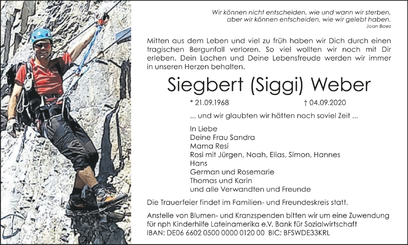  Traueranzeige für Siegbert Weber vom 12.09.2020 aus Schwäbische Zeitung