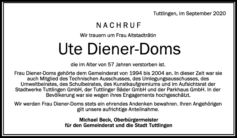  Traueranzeige für Ute Diener-Doms vom 05.09.2020 aus Schwäbische Zeitung