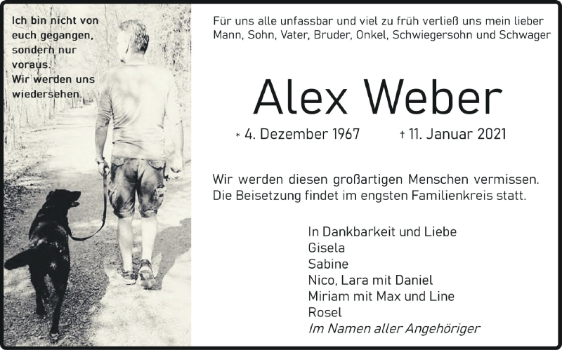  Traueranzeige für Alex Weber vom 16.01.2021 aus Schwäbische Zeitung