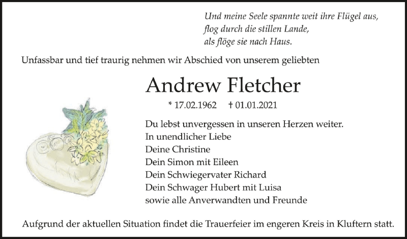  Traueranzeige für Andrew Fletcher vom 16.01.2021 aus Schwäbische Zeitung