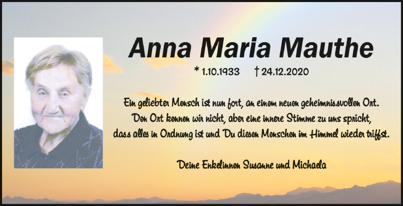 Traueranzeige für Anna Maria Mauthe vom 13.01.2021 aus Schwäbische Zeitung