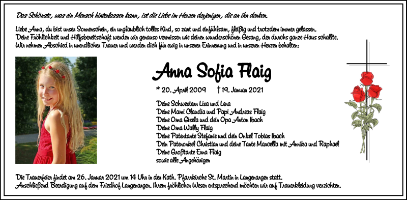  Traueranzeige für Anna Sofia Flaig vom 23.01.2021 aus Schwäbische Zeitung