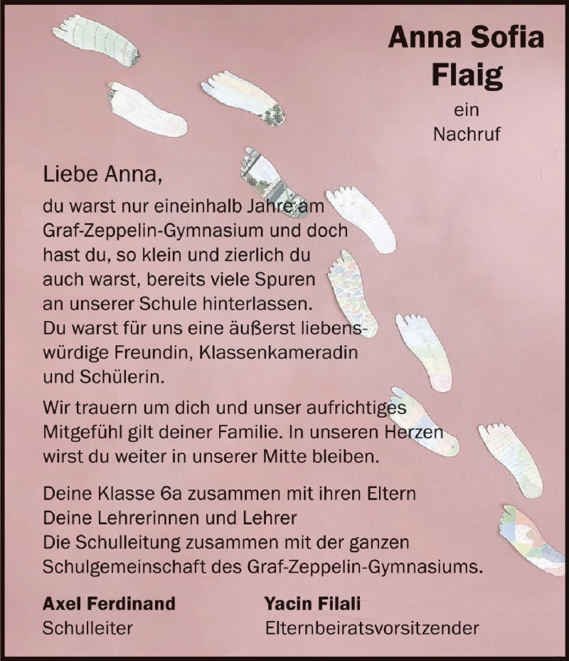  Traueranzeige für Anna Sofia Flaig vom 28.01.2021 aus Schwäbische Zeitung