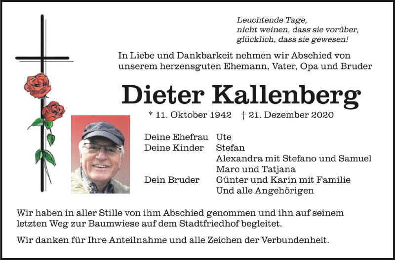  Traueranzeige für Dieter Kallenberg vom 16.01.2021 aus Schwäbische Zeitung