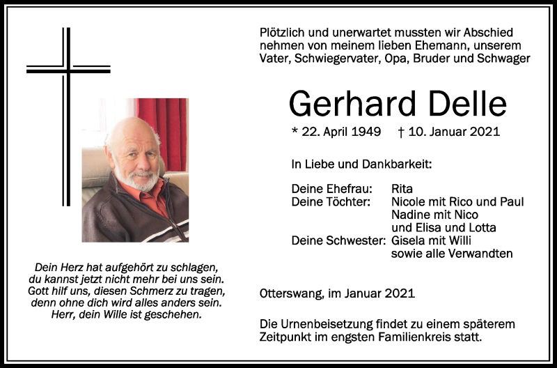  Traueranzeige für Gerhard Delle vom 14.01.2021 aus Schwäbische Zeitung