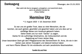 Anzeige von Hermine Utz von Schwäbische Zeitung