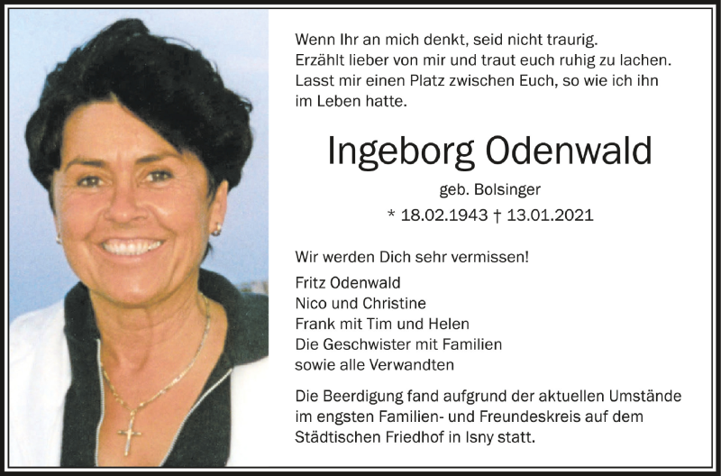  Traueranzeige für Ingeborg Odenwald vom 23.01.2021 aus Schwäbische Zeitung